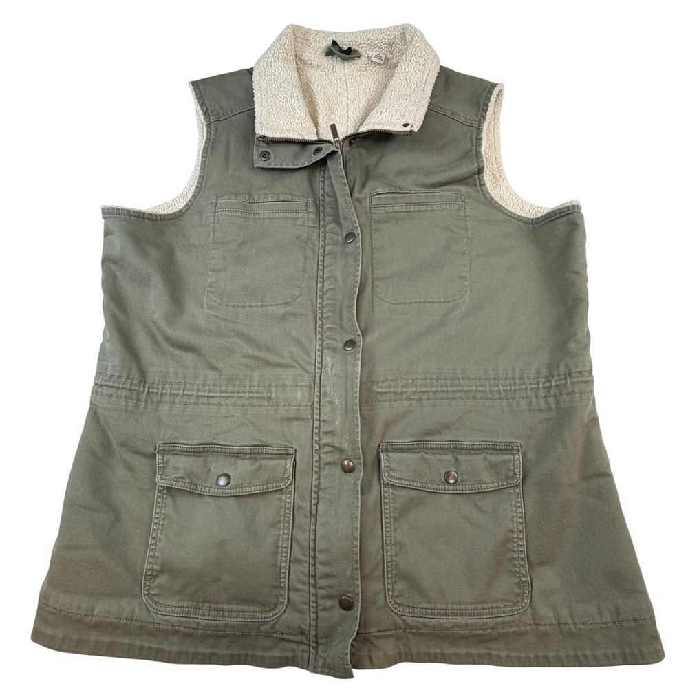 LL Bean Sherpa Lined Utility Vest Olive Green Cotton Blend 508252 Large